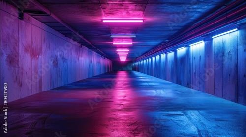 empty underground parking lot with neon lights