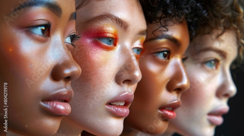 Four women with different hair colors and skin tones are posing for a photo photo