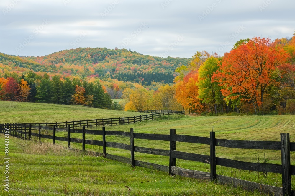 A field with a fence in the foreground and trees in the background in a serene autumn setting