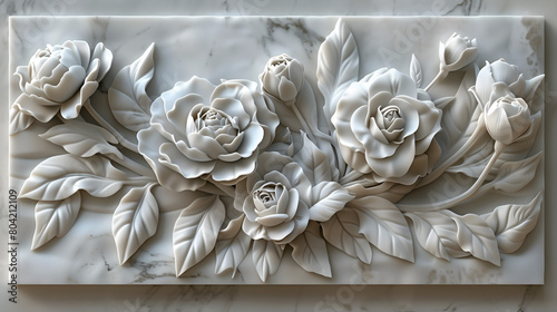 3D carved from marble flowers and leaves on the background