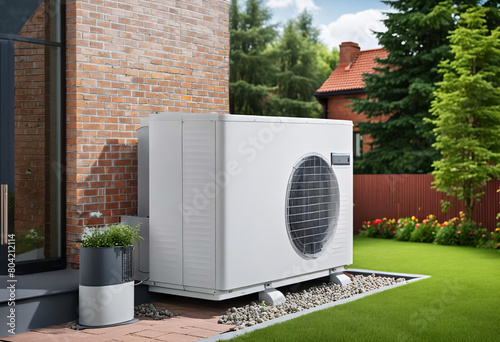 Wärmepumpe an einer Backstein Wand im Garten 
