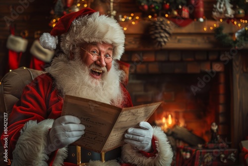A man dressed as Santa Claus reading a book, captured in a medium commercial photograph showing his joyful surprise as he reads a letter from a child