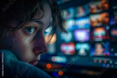 A young girl is sitting in a darkened room and staring intently at a television screen