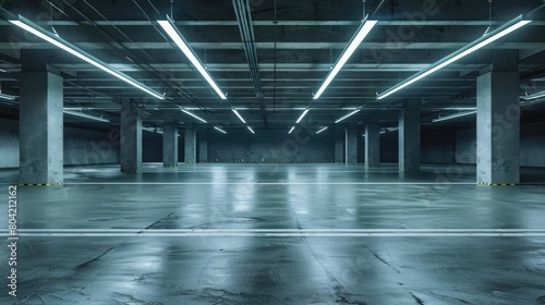 empty underground parking lot with neon lights