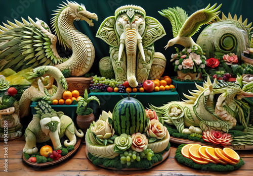 Tiere aus Melonen geschnitzt photo