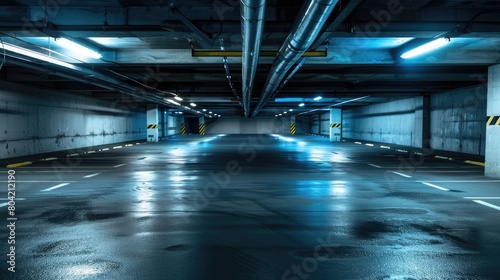 empty underground parking lot with neon lights