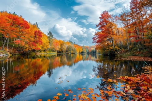A tranquil lake is surrounded by a variety of colorful trees with autumn foliage, creating a vibrant and picturesque scenery