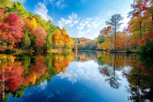 A tranquil lake is surrounded by numerous trees with vibrant autumn foliage, creating a serene and picturesque scene. Colorful leaves are reflected on the waters surface