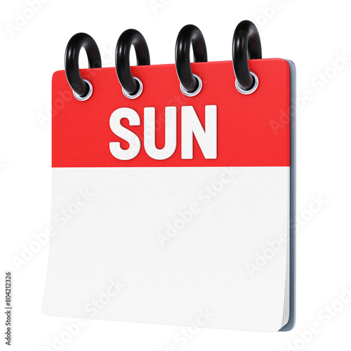 Sunday weekday displayed on blank stylized three-dimensional flip calendar icon isolated on transparent background. 3D rendering
