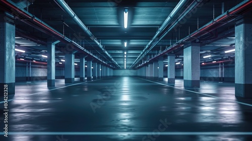 empty underground parking lot with neon lights