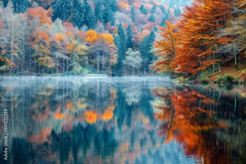 A tranquil lake reflecting colorful autumn leaves surrounded by trees with vibrant fall foliage