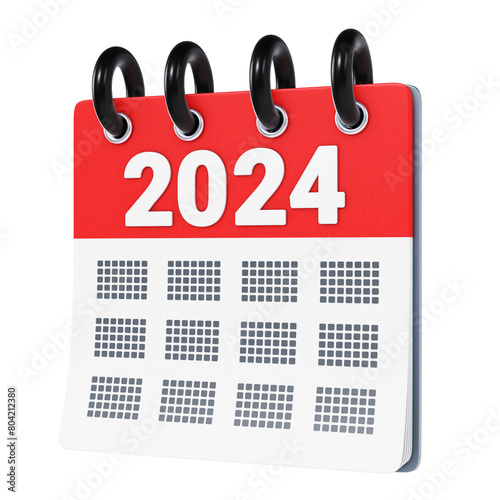 Year 2024 stylized three-dimensional flip calendar icon isolated on transparent background. 3D rendering