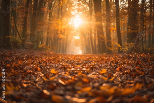 Light from the sun shines through the dense forest trees  illuminating golden autumn leaves on the ground