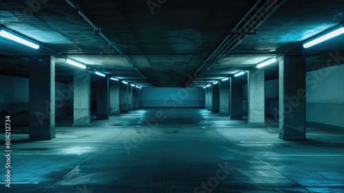 empty underground parking lot with neon lights