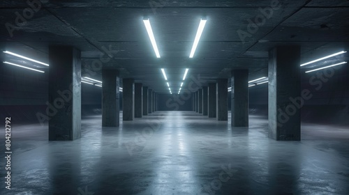 empty underground parking lot with neon lights photo
