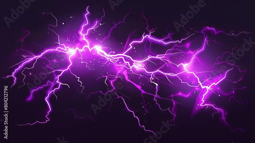 Lightning bolt pattern on transparent background. Modern illustration of neon purple cracks, electric discharge on a dark sky, thunderstorm flash lights, destructive magic power strike.