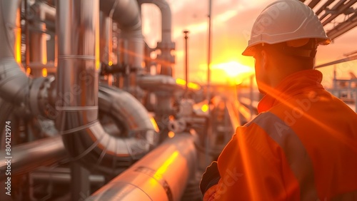 Inspecting District Heating Plant Pipes and Valves at Sunset: A Supervising Engineer's Task. Concept Plant Maintenance, Engineering Inspection, Sunset Inspection, District Heating System photo