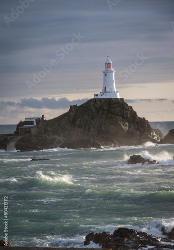Corbiere lighthouse at high-tide on the island of Jersey, Channel Isalnds