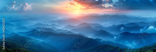  beautiful mountains layered with blue and green colors, a valley misty clouds over mountains, mountains landscape at sunset or sunrise, nature background