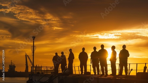 A poignant moment captured in a port town as a group of dockworkers pause to watch the sunset, their silhouettes outlined against the golden hues of the sky as they reflect on another day's work photo