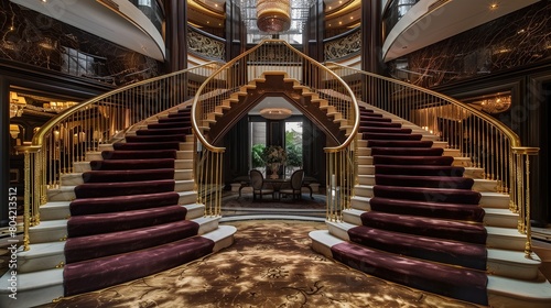 An opulent entrance with a dual staircase wrapped in rich velvet carpeting