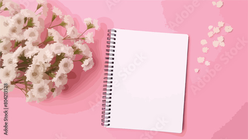Blank notebook pen and gypsophila flowers on pink b © iclute4