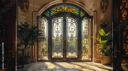 An ornate entrance with a custom iron door and a stained glass transom photo