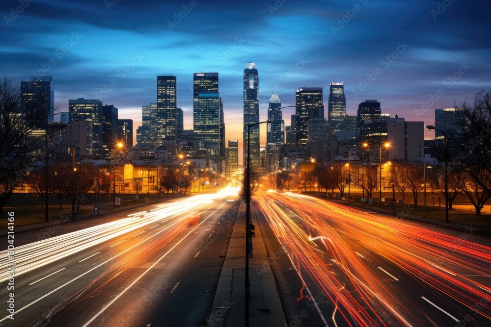 Time-lapse of city lights changing from dusk to night.