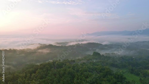 Birds eye view over the indonesian coutryside in the early morning fog.  photo