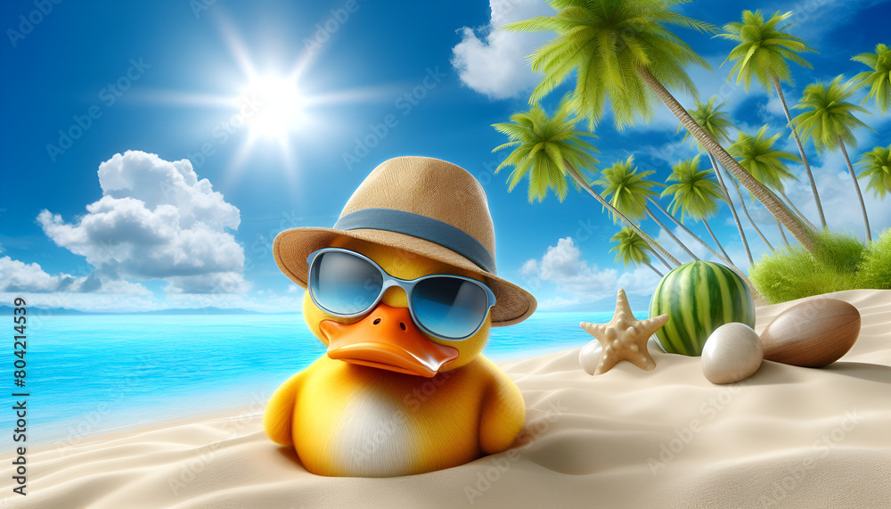 A cute colorful animated image of a duck wearing a hat and sunglasses sitting in the sand on a tropical landscape with , palm trees, clouds, and bright sunshine