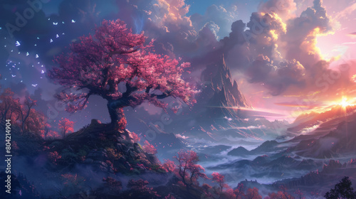 Digital artwork featuring a blossoming cherry tree against a dramatic sunset with mountains in the distance.