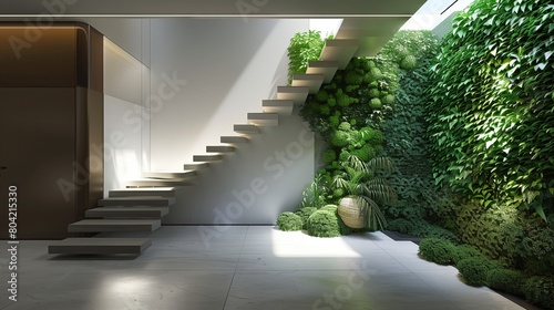 A contemporary entrance with a floating staircase and a living green wall