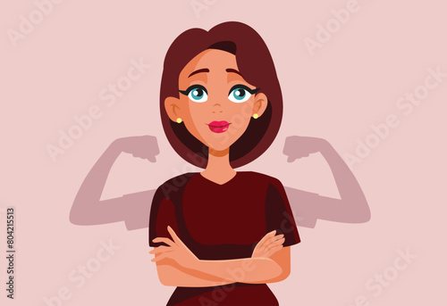 Strong Woman Flexing her Arms Showing Strength and Power Vector Illustration. Powerful girl feeling empowered and invincible
 photo