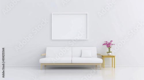Elegant, beige sofa in an empty white interior with art above the sofa and a wooden tripod lamp by a window