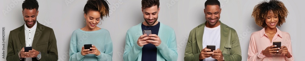 People standing next to each other, looking at their phones and smiling. People standing next to each other, looking at their phones and smiling.