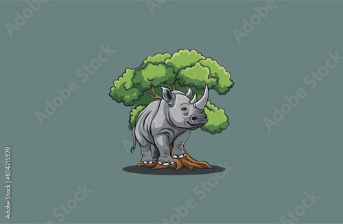 Rhino and Tree vector illustration flat design logo