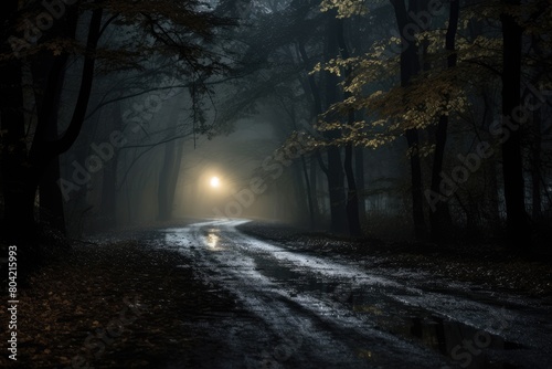 Foggy forest road with headlights piercing through.
