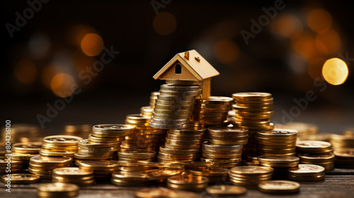 Small Golden House Model on Stacks of Coins with Blurred Background.Generative ai.