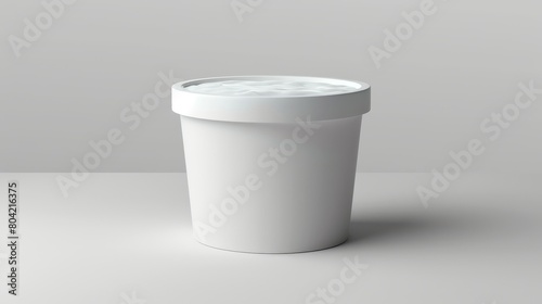 This is a mockup of a white plastic ice cream bucket container. A mockup of a 3d yogurt paper ball. A mockup of a realistic frozen food packing template for branding purposes. A mockup of a mousse photo