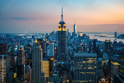 Empire State Building and New York City skyline in the evening.