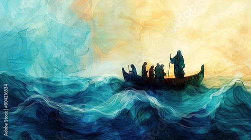 A painting of a boat with a man in a boat and four other people in the boat photo