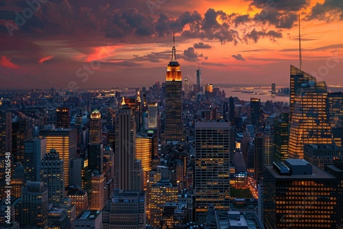 Empire State Building and New York City skyline in the evening.