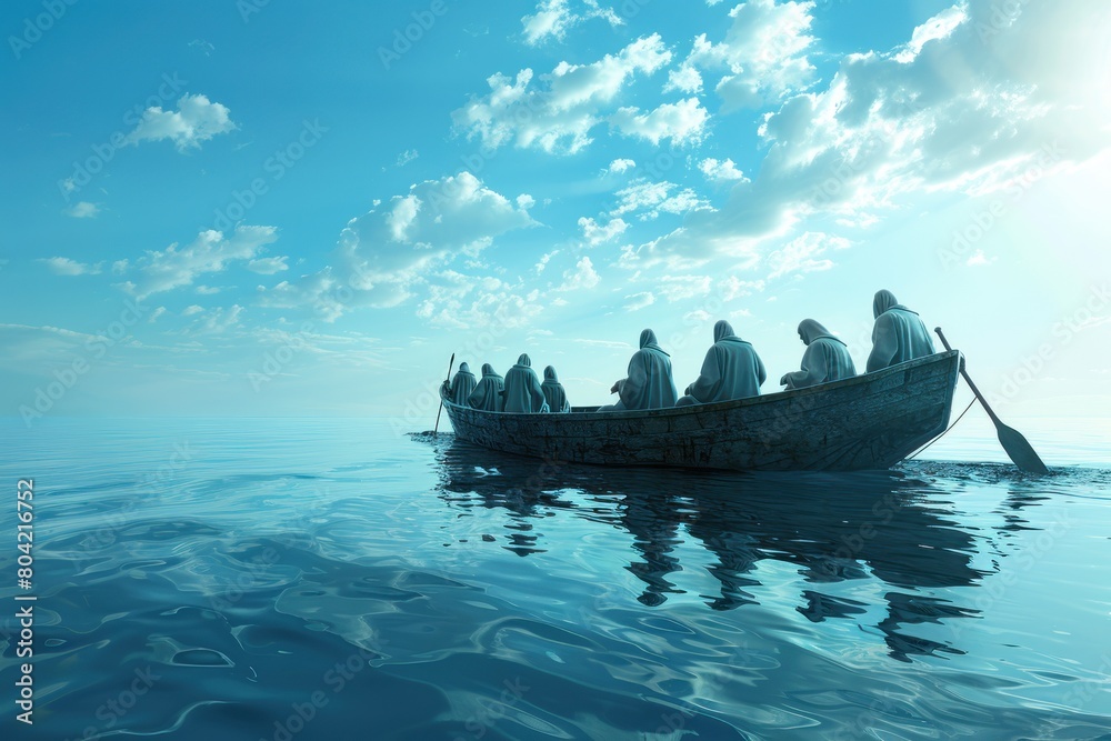 A group of people are in a boat on a blue ocean