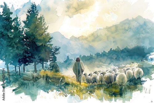 A man is walking through a field with a flock of sheep photo