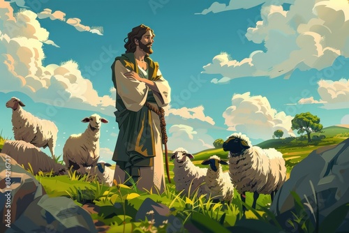 A man in a white robe stands in front of a flock of sheep photo