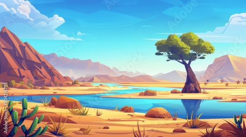 An oasis in the desert cartoon landscape of a river with trees, cacti, and water. Droughts in a savannah landscape with hills and blue skies.
