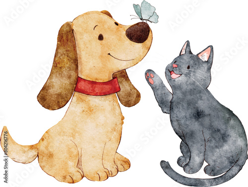 Watercolor painting of a cute dog and a cat playing