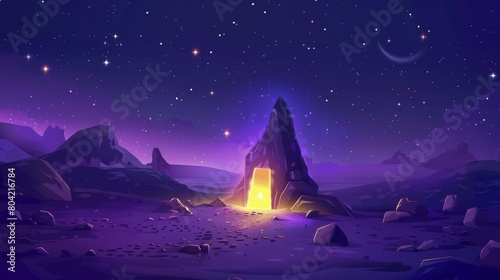The landscape of an alien planet with stones. Modern cartoon illustration of a yellow light triangle glowing on a fantastic platform in the night sky. Pixel art illustration of a space desert with a