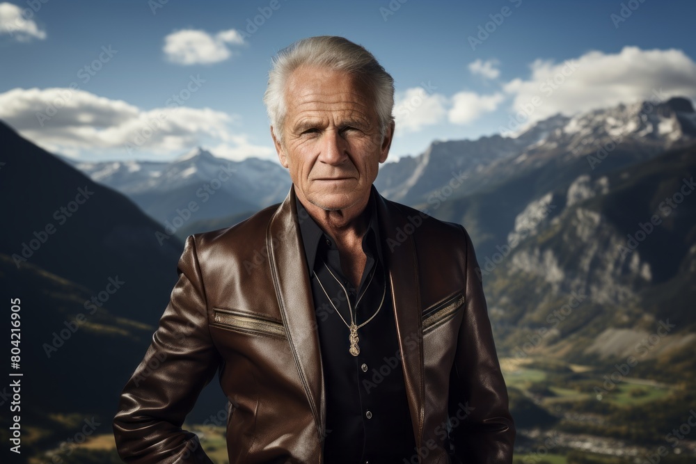 Portrait of a content man in his 60s sporting a stylish leather blazer isolated on backdrop of mountain peaks