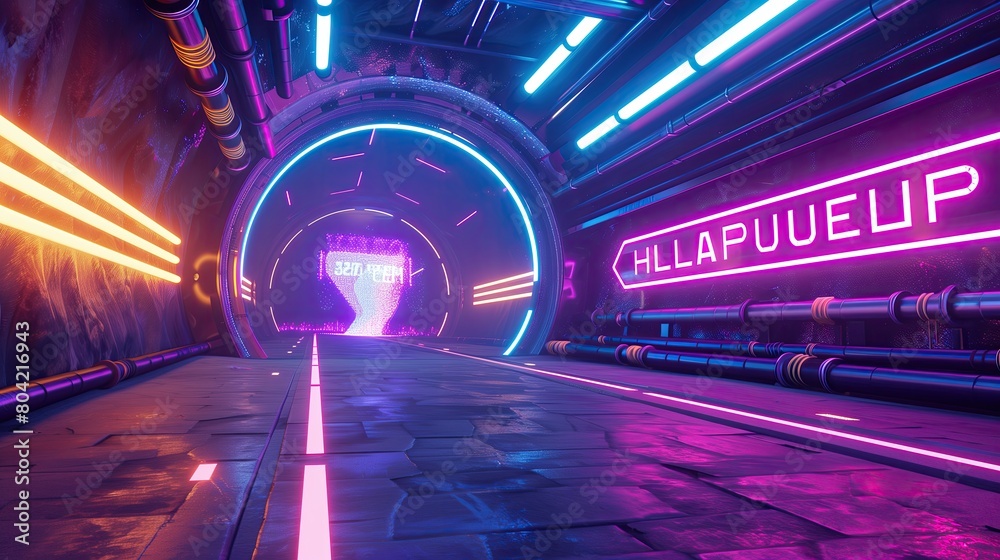 A futuristic tunnel entrance with neon lights and a holographic welcome sign